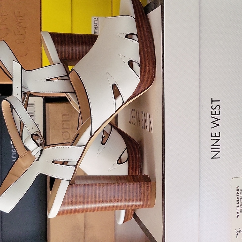 Nine West 11 White Delilah Leather Open Toe Ankle Strap Chunky Platform Sandal